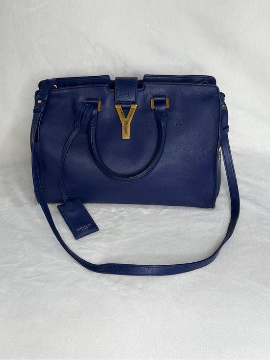 Saint Laurent Handbags - Saint Laurent Y Cabas Blue Leather Satchel with Gold Y Detail